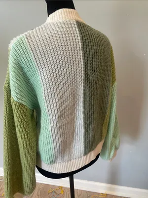Oversized Striped Open-Front Sweater Cardigan - greens and white thumbnail 3