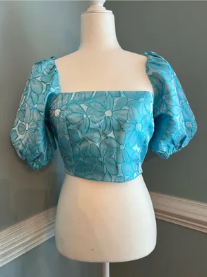 DO+BE Turquoise Blue Floral Puff Sleeve Crop Top medium thumbnail 1