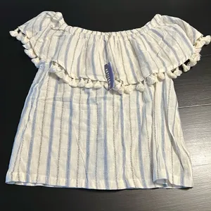 Artisan NY Women Striped Off The Shoulder Tassel Ruffle Top Blue White Small NWT thumbnail 1