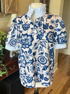 Blue Floral Button Front Top with Striped Trim Size M thumbnail 1