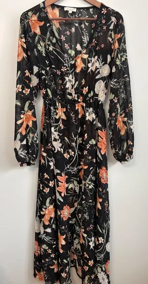 Bellambra Black Floral Sheer Maxi Dress Sz L Button‎ Front V Neck Made in Italy thumbnail 1