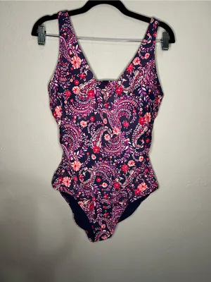 Lands End Purple Floral Paisley Grecian‎ Ruched Slimming One Piece Swimsuit thumbnail 2