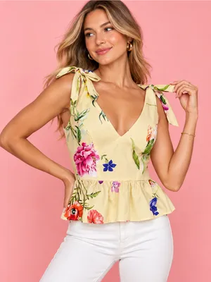 Express Floral Yellow Tie Shoulder Peplum Top thumbnail 1