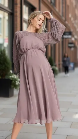 NEW ASOS DESIGN midi dress with linear yoke embellishment in mauve US 4 thumbnail 1