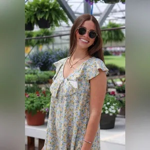 Hem & Thread NWT Peony Floral Ruffle Mini Dress Blue and Yellow Linen Size Small thumbnail 2