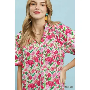 Umgee Floral Puff Sleeve Blouse with Scalloped Details - Medium‎ thumbnail 5
