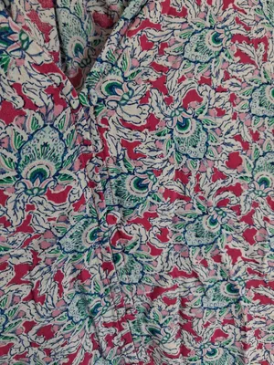LOFT Teal Pink Floral Peacock Short Sleeve V Neck High Low Blouse Top L thumbnail 2