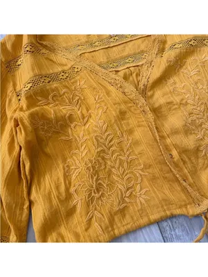 Free People Follow Your Heart Golden yellow Embroidered Lace Blouse size medium thumbnail 5