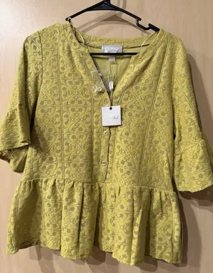 Cupio Blush Lace Peplum Blouse Top Women M Olive Button Front Boho NWT 3/4Sleeve thumbnail 1