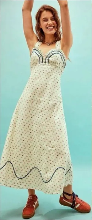 Free People Dainty Western Prairie Sweet Hearts Midi Dress in Ivory Combo Large thumbnail 1