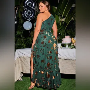 Wedding Guest Green Velvet Floral One Shoulder Knot Waist Leg Split Maxi Dress thumbnail 2