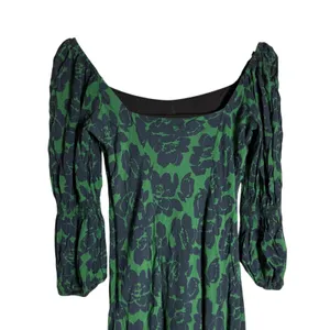 Peter Som Green Floral Print Crepe Long Sleeve Square Neck Midi Dress Size 6 thumbnail 12