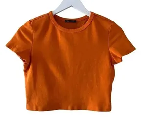 Zara Orange Short Sleeves Cropped Crewneck Basic TShirt SZ M #1706 thumbnail 1