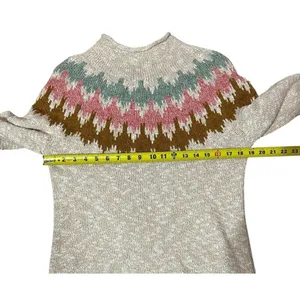 LL Bean Sweater Womens medium Beige Fair Isle Cotton Chunky Knit Mock Neck thumbnail 4
