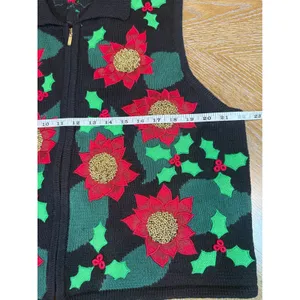 Bechamel Christmas Sweater Vest Large Black Poinsettia Holly Zip Up Knit thumbnail 5