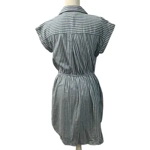 Japna 100% Cotton Blue White Striped Elastic Waist Mini Dress Pockets Medium thumbnail 6