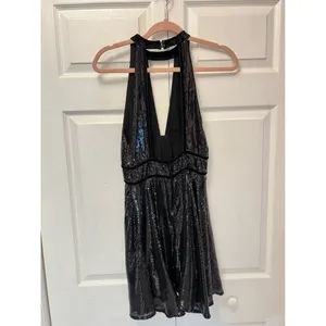 Free People Size 4 Mini Dress‎ Black "Film Noir" Sleeveless Sequins Plunge thumbnail 6