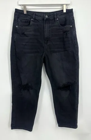 American Eagle Outfitters Black Mom Straight Jeans Size 12 Short Distressed Boho thumbnail 1