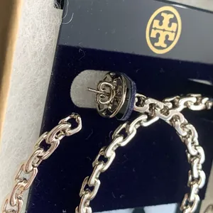 Tory Burch TB Dangle Hoop Earrings Silver Colored Bohemian Retro Brand New thumbnail 3