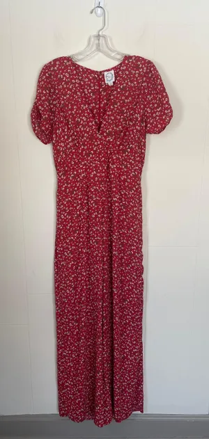 Blue Rain red floral jumpsuit v-neck tie back jumper Women’s size Large thumbnail 1