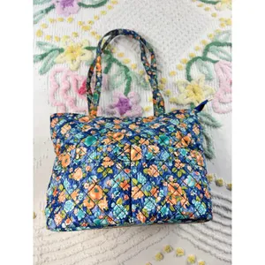 Blue‎ Floral Quilted Cotton Tote Bag Zippered Shoulder Bag with Pockets thumbnail 2