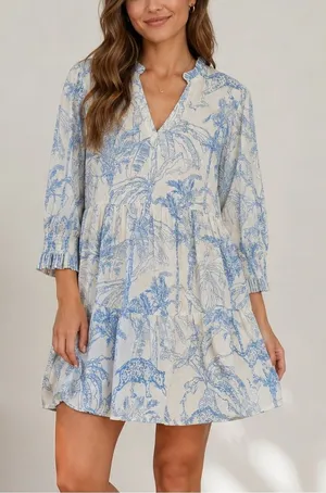 Charlee Toile Print Short Sleeve Dress in Blue and White thumbnail 1