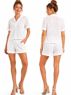Rivir White Eyelet Button Front Top & Shorts Set large thumbnail 2