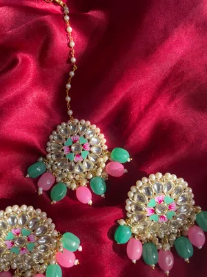 Pink and Turquoise Earrings with Tikka thumbnail 6