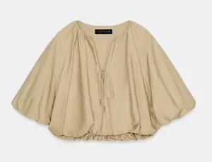 Zara Poplin Balloon Crop Top Beige Modern Romantic Peasant Runway Tik Tok thumbnail 1