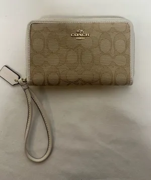 Coach Beige Signature Canvas Zip Wristlet with Leather Trim thumbnail 1