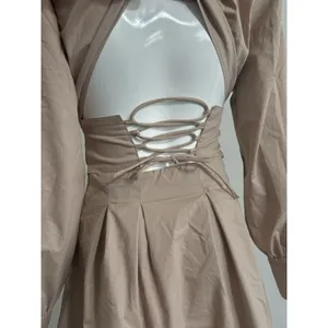 Bershka Tan Corset Mini Dress Women’s S Long Sleeve Open Back Lace-Up thumbnail 7