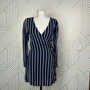 Reformation Zircon Wrap Mini Dress Navy Blue Capone Stripes Size‎ US 0 thumbnail 4