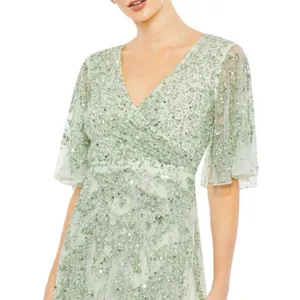 NWT Mac Duggal‎ 93681 Sage Green Sequined Butterfly Sleeve High Low GownSize 12 thumbnail 2