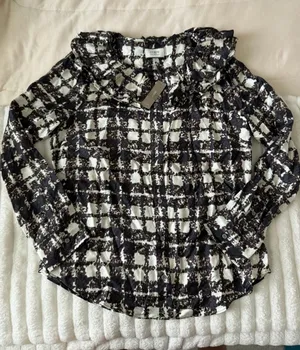 NWT J. Crew Black & White Plaid Ruffle Collar 100% Silk Blouse thumbnail 1