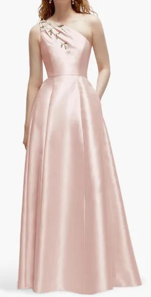 NEW Alfred Sung One-Shoulder A-Line Gown Handworked Floral Appliqué Blush Sz 14 thumbnail 1