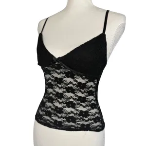 Black Lace Cami Womens XS Floral Sheer Mesh Bow V-Neck Adjustable Y2K Goth Top thumbnail 3