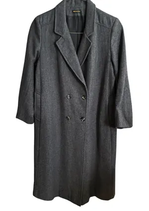 Vintage Wool Double Breasted Overcoat Longline Notched Lapel Grey Sz 16 Classic thumbnail 1
