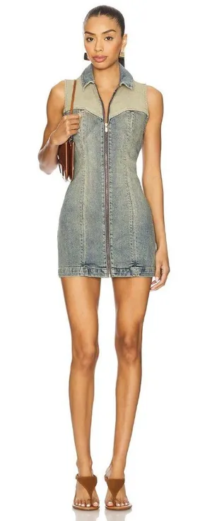 Abrand Roxie Denim Mini Dress Tint Dark Blue Womens Size Small thumbnail 1