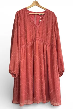 Dark pink long sleeve chiffon textured lace detail midi dress flirty Valentine thumbnail 1