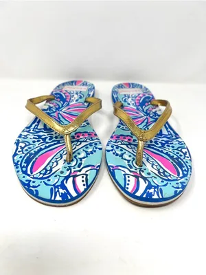 Lilly Pulitzer Coastal Blue Pink Print Gold Metallic Strap Flip Flops 9.5 thumbnail 7