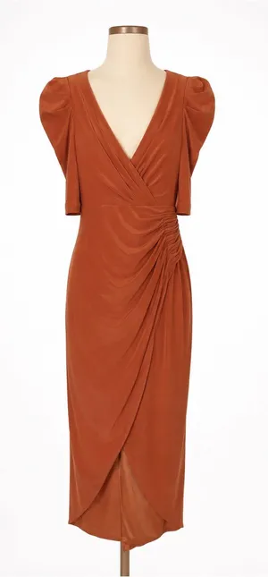 Mac Duggal Ruched Wrap Midi Dress Orange Puff Sleeve Wedding Guest Size 2 thumbnail 1