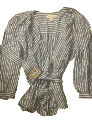 Monteau Blue and White Striped Wrap Blouse with Belt thumbnail 1