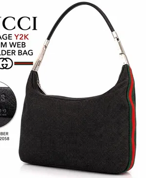 Gucci Vintage Y2K Black Denim Web Stripe Shoulder Hobo Bag Zip Top Silver Hardwa thumbnail 1