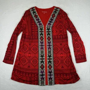 Soft Surroundings Red Geometric Tribal Print V-Neck Tunic Top 2BU47 Womens Large thumbnail 1
