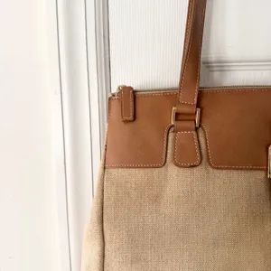 Etienne Aigner Vintage Woven Linen Tan Leather Trim Shoulder Tote Satchel Buckle thumbnail 3