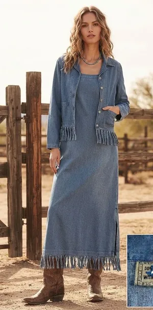 Dont Mess With Texas‎ Denim Fringe Maxi Dress and Jacket Set Blue Medium Vintage thumbnail 1