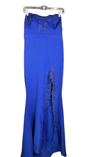 Twyla Royal Blue Embroidered Strapless Maxi Dress gown with slit Sz L thumbnail 4