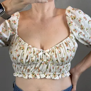 For Love & Lemons Lola Pointelle‎ Crop Top Size L White Floral Short Puff Sleeve thumbnail 1