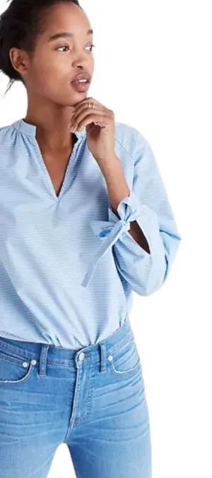 Madewell Tie Sleeve Popover Top Blue Size XS thumbnail 1