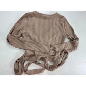 Windsor Wrap Top Ribbed Long Sleeve Tie Front Crop Top Beige Size M thumbnail 3